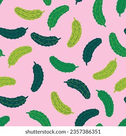 Pickles seamless pattern. Green pickles on pink background vector illustration.