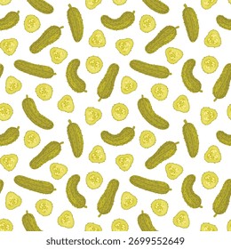 Pickles seamless pattern. Pickled cucumbers and cucumber slices on white background. Fermentation of vegetables. Food vector illustration