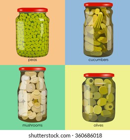 pickles set in jars. Pickled realistic vegetables. Peas, mushrooms, olives, cucumbers. Colorful Vector illustration.