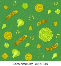 Pickles Slices and Lettuce Leafs vector seamless pattern. Salad Ingredients Cafe Tablecloth Print. Healthy Food Wrapping Paper. Digital background vector illustration.