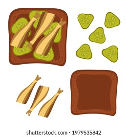 Pickles And Sprots Sandwich Ingredients. Snack With Small Fish, Bread, Pickles. Overhead View Of Isolated Breakfast Toast Vector Flat. For Menu, Cafe, Restaurant, Poster, Banner, Emblem, Sticker