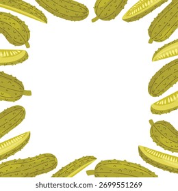 Pickles square frame. Pickled cucumbers an cucumber slices border. Fermented vegetables decoration. Food vector illustration isolated on white background.