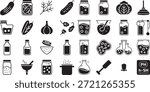 Pickling and fermentation icon set. Containing cucumber pickles, mason jars, dill herbs, garlic bulbs, brine bottles, sauerkraut, fermentation crocks, vinegar, spices, and cooking tools.