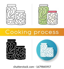 Pickling icon. Linear black and RGB color styles. Food conservation, vegetables preservation. Raw veggies fermentation in brine. Canned cucumbers and mushrooms isolated vector illustrations