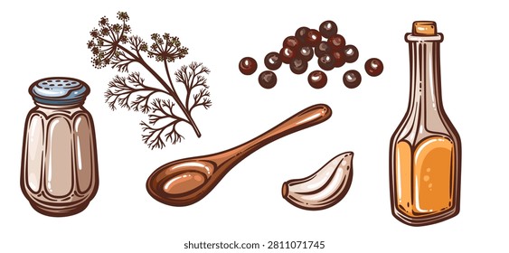 Pickling ingredients set with dill, peppercorns, garlic, wooden spoon, salt shaker and vinegar bottle. Recipe and preserving graphics use this pickling ingredients set, hand drawn vector illustration.