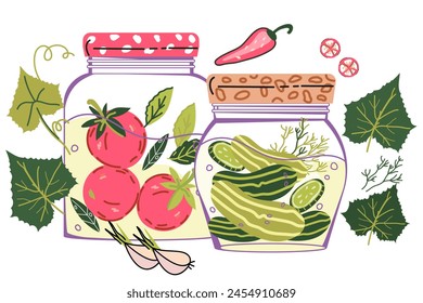 Pickling vegetables and food fermentation concept. Pickled vegetables in jars for harvest saving and food preserving techniques, canned food labels design element, flat hand drawn vector illustration.