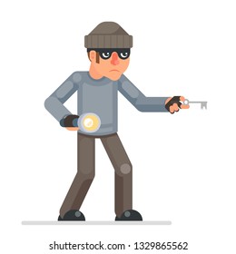 Picklock housebreaker thieves keys flashlight hand sneak evil greedily  thief cartoon rogue bulgar character flat design isolated vector illustration