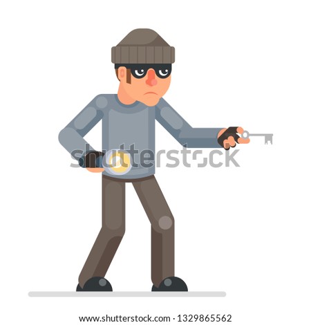 Picklock housebreaker thieves keys flashlight hand sneak evil greedily  thief cartoon rogue bulgar character flat design isolated vector illustration