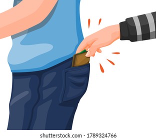 Pickpocket crime. thief hand steal wallet from jeans pocket illustration concept in cartoon vector isolated in white background