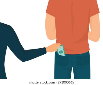 Pickpocket Flat Illustration Isolated On White. Human Hand Takes Money Cash From Pocket