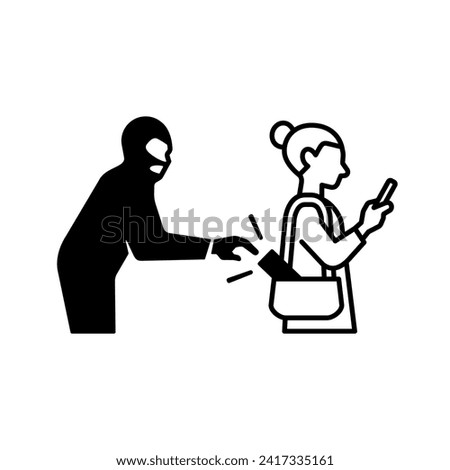 Pickpocket icon. Beware thief steals wallet or valuables in your bag caution sign