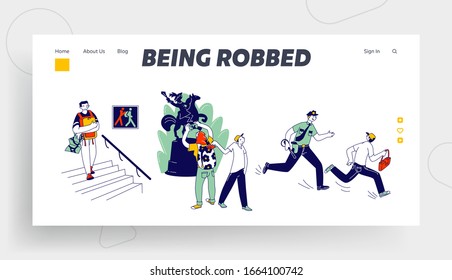 Pickpocket Steal Money from Tourists Website Landing Page. Police Catch Up Thief who Stole Tourist Bag, People in Museum Crime Warning Web Page Banner. Cartoon Flat Vector Illustration, Line Art