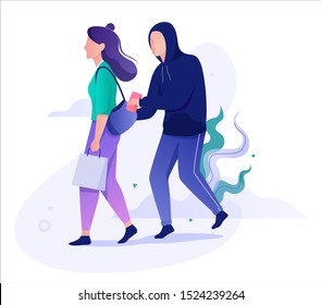 Pickpocket steal wallet from the purse. Robber stealing, criminal character. Bad guy. Isolated vector illustration in cartoon style