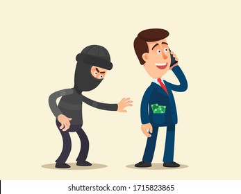 Pickpocket stealing money banknotes from the pocket of a man talking on the phone. Thief pulls money out of man pocket. Vector illustration, flat design, cartoon style, isolated background.