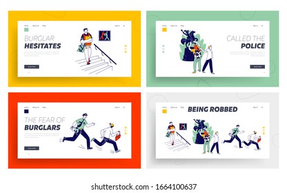Pickpocket Stealing Money from Travelers in Public Place Website Landing Page Set. Policeman Catch Up Thief who Steal Wallets in Museum Web Page Banner. Cartoon Flat Vector Illustration, Line Art