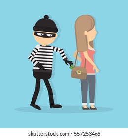 Pickpocket steals money from girl. Concept of danger and attention. Robbery and theft.