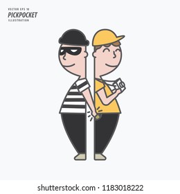 Pickpocket Stolen The Money From A Man's Pocket Illustration Vector. Criminal Concept.