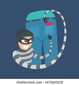 Pickpocket thief pulls a smartphone from back pocket jeans. The criminal in a mask, a cap, a striped turtleneck smiles. Vector cartoon flat style illustration on a dark background.