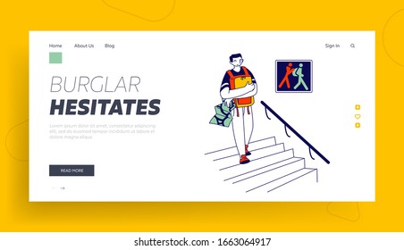 Página de Aterrizaje del Sitio Web de Actividad de Camión. Turista sosteniendo mochila en el escondite del pecho desde los bolsillos mientras visitaba el Museo en el cartel de la página web de Ciudad Extranjera. Ilustración de vectores planos de caricatura, arte de línea