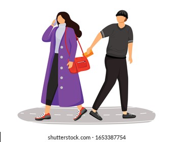 Pickpocketing flat color vector faceless character. Street burglar stealing wallet. Pickpocket robbing distracted woman. Thief stealing from girl. Isolated cartoon illustration
