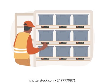 Pick-to-light system isolated cartoon vector illustrations. Professional warehouse manager using pick-to-light equipment with smart shelve, modern inventory technologies vector cartoon.