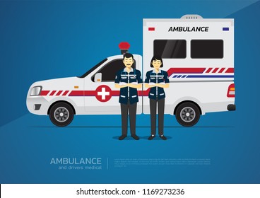 The pickup ambulance and team drivers medical uniform character design on blue blackground