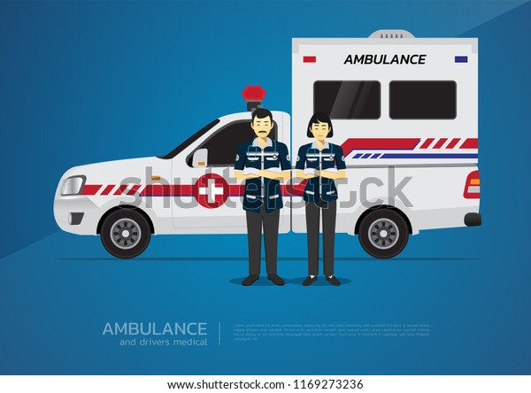 The pickup ambulance and team drivers\
medical uniform character design on blue\
blackground