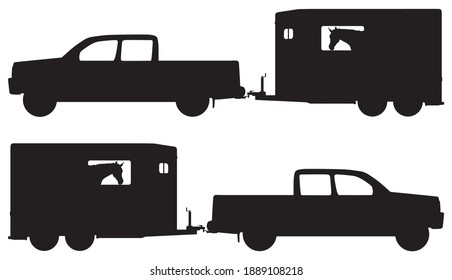 A pickup is attached to a loaded horse trailer and is ready to go