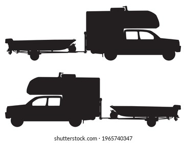 A pickup with a camper on top is puling a boat in silhouette