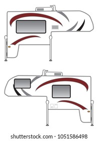 A pickup camper with red, gray and black graphics on the side