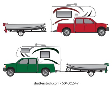 Pickup with camper is towing boat on trailer in two different color schemes