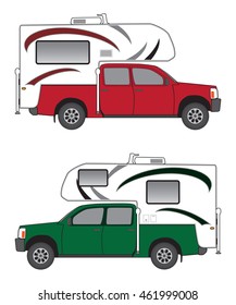 Pickup with camper in two different color schemes
