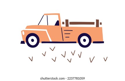 Pickup car, auto in Scandinavian style. Cute childish automobile. Kids road wheeled pick-up truck, transport vehicle, SUV with open back. Scandi flat vector illustration isolated on white background