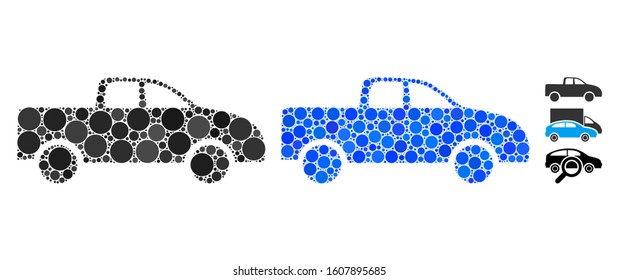 Pickup car composition of circle elements in variable sizes and color tones, based on pickup car icon. Vector circle elements are combined into blue mosaic.