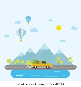Pickup car to delivery tree across country at afternoon