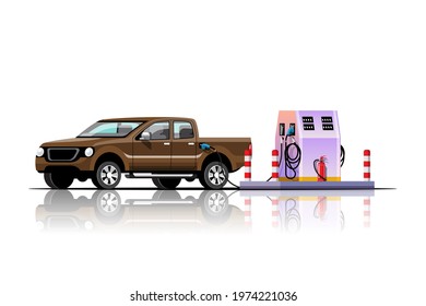 The pick-up car is filling up at the fuel station vector illustration