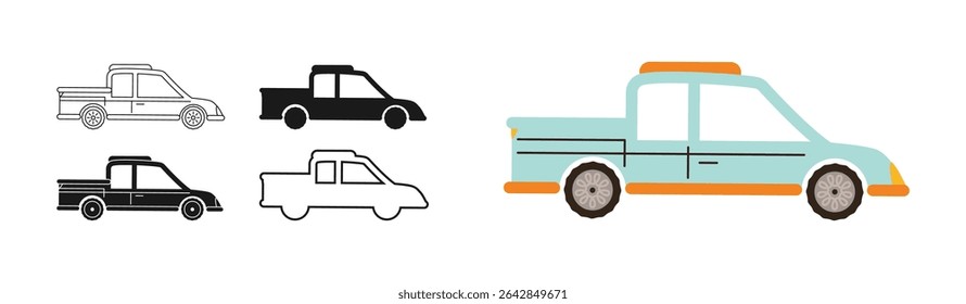 Pickup Car icon symbol cartoon set. Hand drawn cute automobile car in different styles colored silhouette outline collection. Simple children funny auto pickup truck transport icon vector illustration