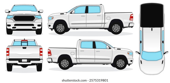 Pickup Car Vector - 1500 Pickup mockup for car branding on White background. Side, Front, Rear View