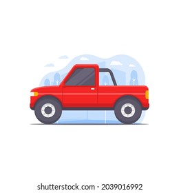 pickup car vector illustration designed in red and decorated with city scenery illustration elements as an adventure car illustration object background