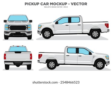 Pickup Car Vector - Pickup Car Modell für Auto-Branding auf weißem Hintergrund. Seitenansicht, Vorderseite, Rückansicht