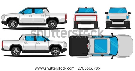Pickup car vector. Car mock up illustration of a terron. Isolated on white background, With side, front, rear and top views