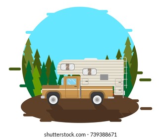 Pickup caravan off-road in forest. House-trailer. Vector illustration