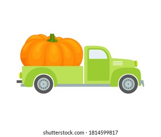 The pickup is carrying a large pumpkin. Concept on the theme of farming, harvesting and delivery. Vector illustration in cartoon style isolated on white background.