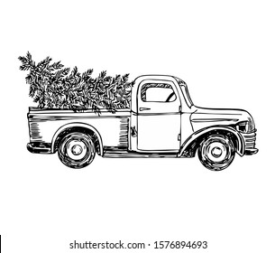 Pickup with Christmas tree. Line art style.