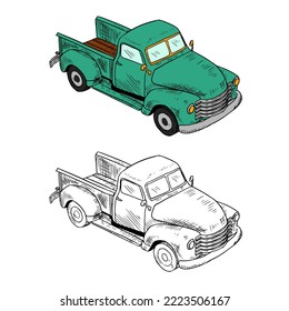 Pickup. Color and black and white. Vector cartoon illustration. Isolated on white. Hand-drawn style.