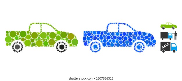 Pickup composition of round dots in different sizes and shades, based on pickup icon. Vector round elements are grouped into blue composition. Dotted pickup icon in usual and blue versions.