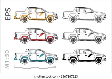 pickup cuv car vector icons set for architectural drawing and illustration, left views