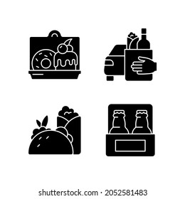 Pickup and delivery option black glyph icons set on white space. Cakes and desserts. Food curbside pickup. Burritos and tacos. Beer. Sweet baked food. Silhouette symbols. Vector isolated illustration