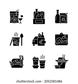 Pickup And Delivery Option Black Glyph Icons Set On White Space. Slushy Drinks. Wine, Beer, Spirits. Thick, Creamy Soups. Food Curbside Pickup. Silhouette Symbols. Vector Isolated Illustration