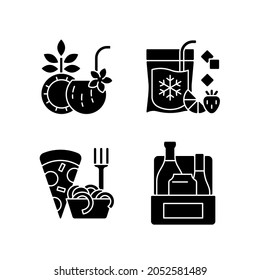 Pickup and delivery option black glyph icons set on white space. Coconut cocktail. Frozen beverage. Pizza and pasta. Alcoholic drinks. Pina colada. Silhouette symbols. Vector isolated illustration